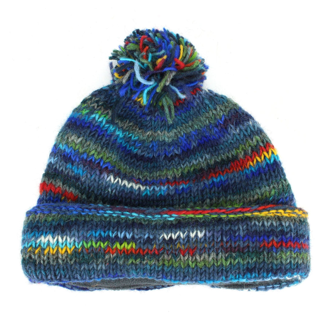 Chunky Wool Knit Beanie Bobble Hat - SD Dark Blue Mix