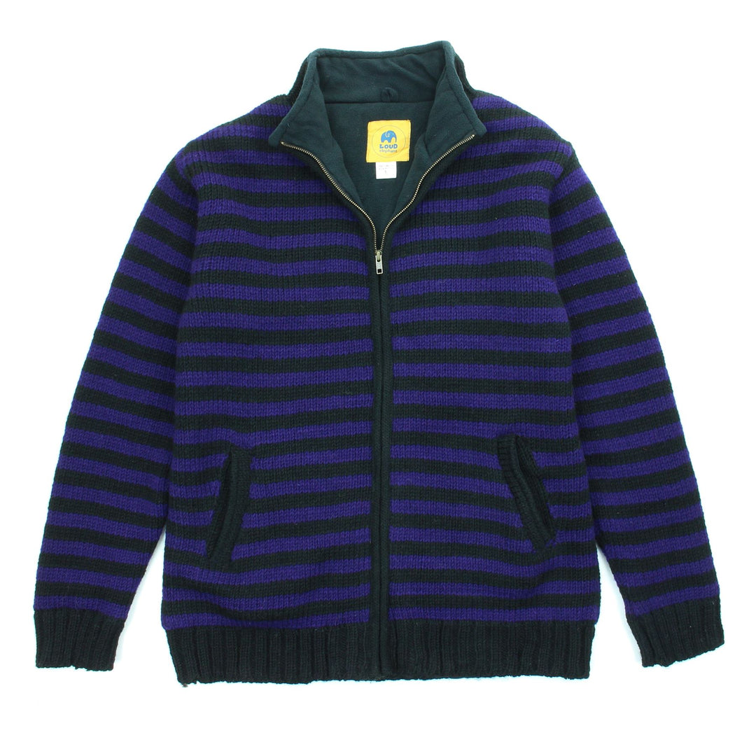 Hand Knitted Wool Jacket Cardigan - Stripe Purple Black