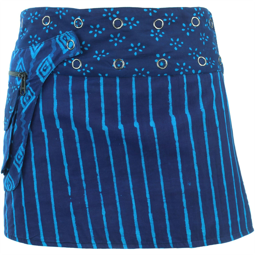 Reversible Popper Wrap Mini Skirt - Indigo Patch Strips / Indigo Stripe