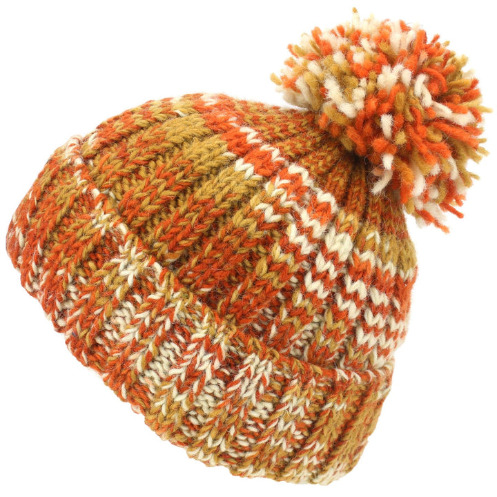 Wool Knit Bobble Beanie Hat - Orange