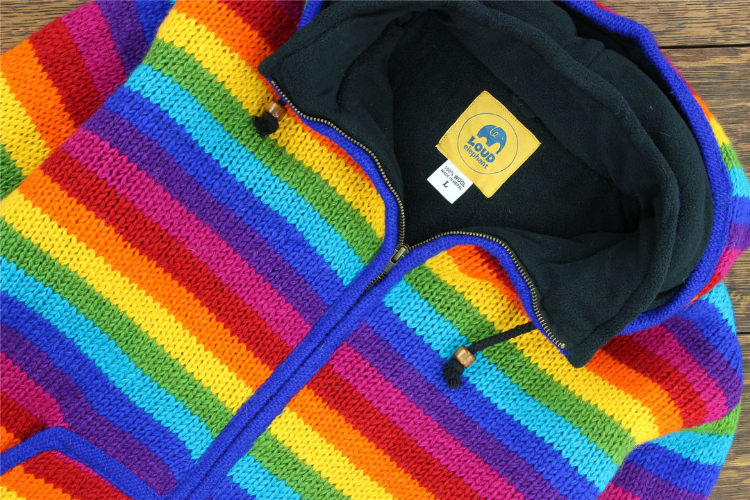 Hand Knitted Wool Hooded Jacket Cardigan - Stripe Bright Rainbow