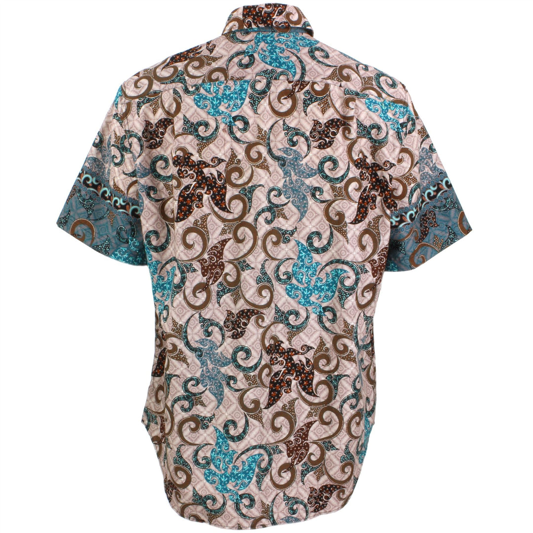 Regular Fit Short Sleeve Shirt - Pink Brown & Turquoise Abstract