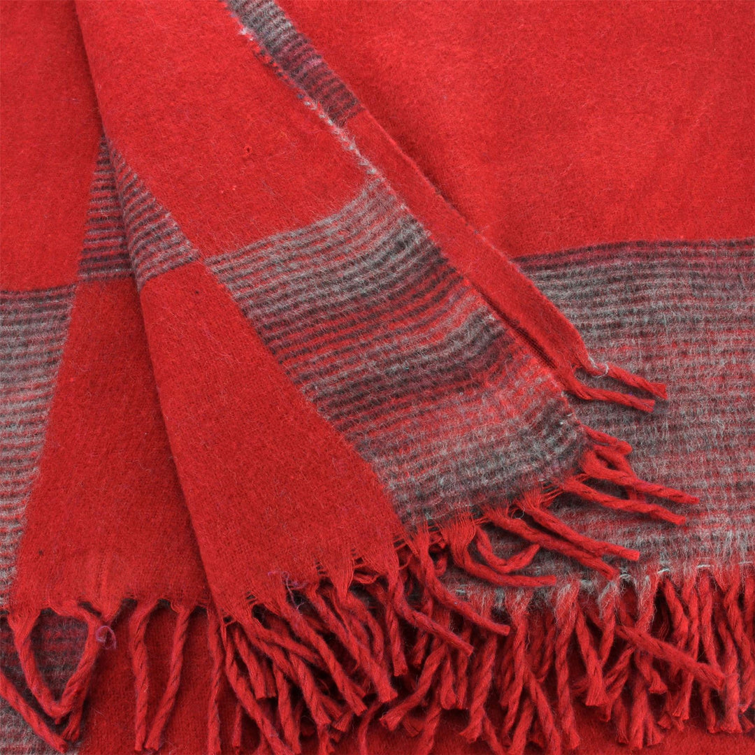 Tibetan Wool Blend Shawl Blanket - Red with Maroon & Grey Reverse