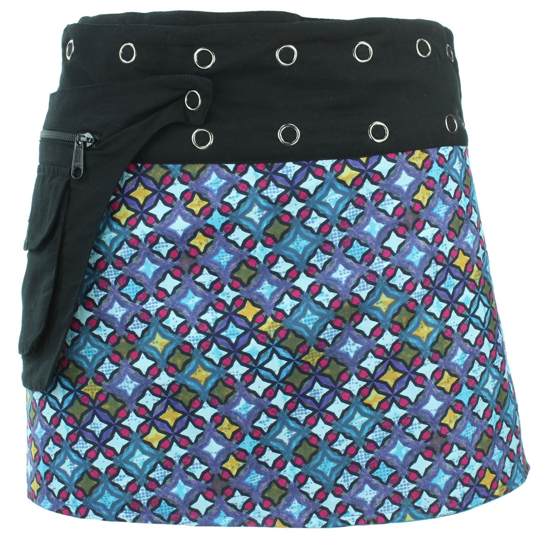 Reversible Popper Wrap Mini Skirt - Blue Patch Strips / Diamond Block