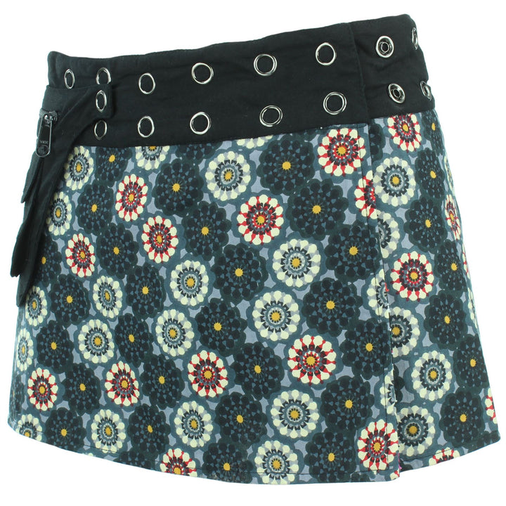 Reversible Popper Wrap Children's Size Mini Skirt - Black Patch Strips / Kaleidoscope