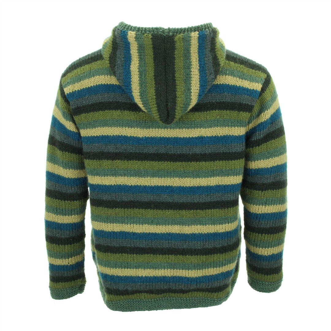 Hand Knitted Wool Hooded Jacket Cardigan - Stripe Green Blue