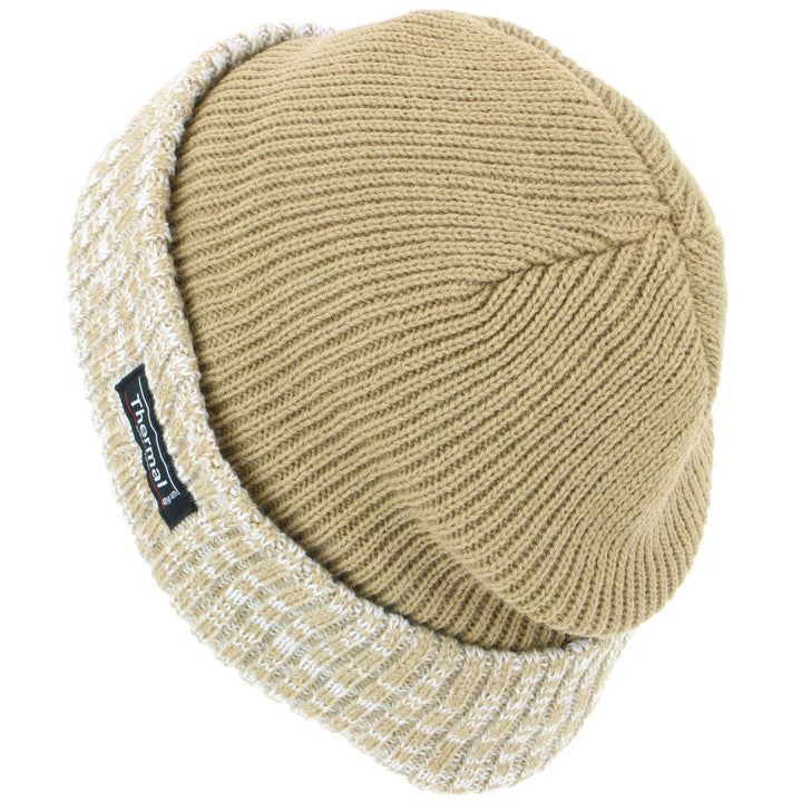 Fine Knit Beanie Hat with Thermal Lining and Marl Turn-up - Light Brown