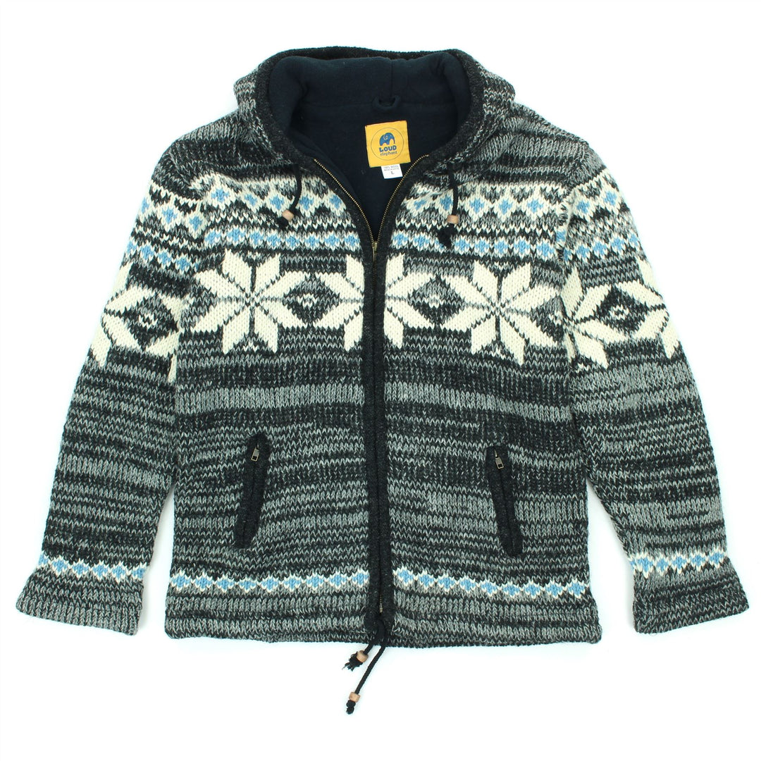 Hand Knitted Wool Hooded Jacket Cardigan - Fairisle Grey