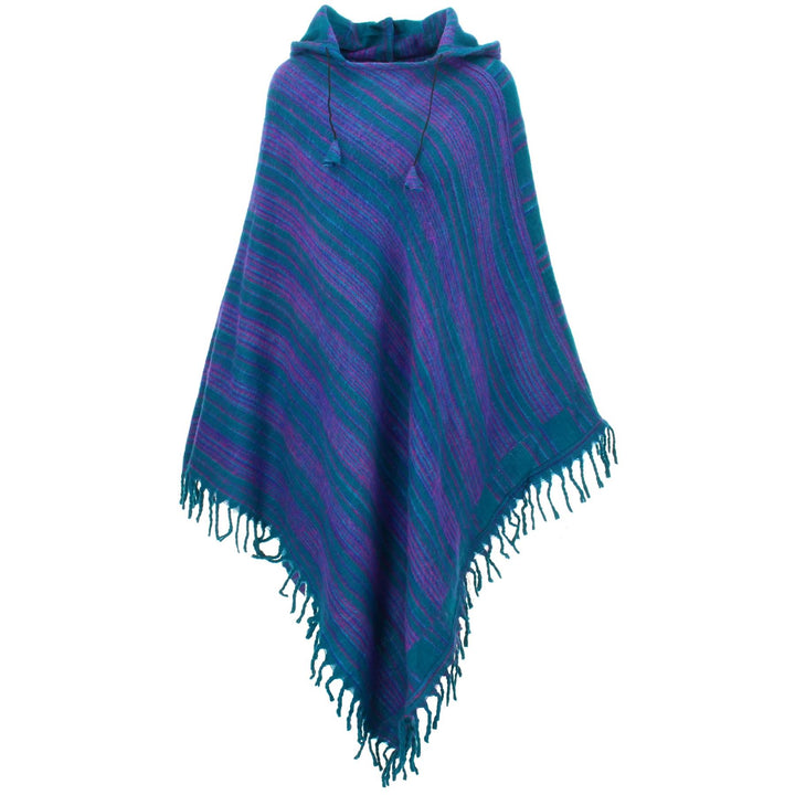 Vegan Wool Hooded Poncho - Green & Purple