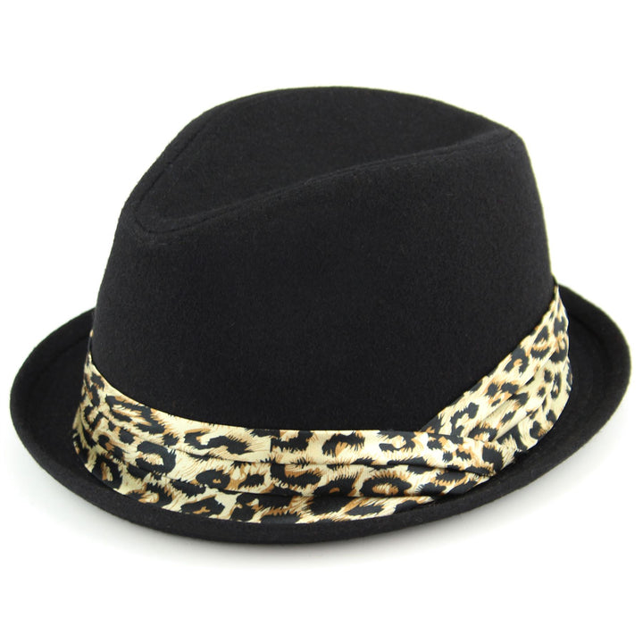 Women's felt rolled brim trilby hat with satin leopard print band - Black (57cm)