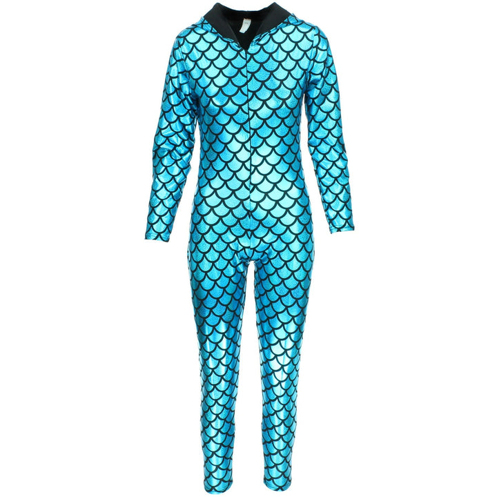 Shiny Mermaid Scale Hooded Catsuit - Turquoise