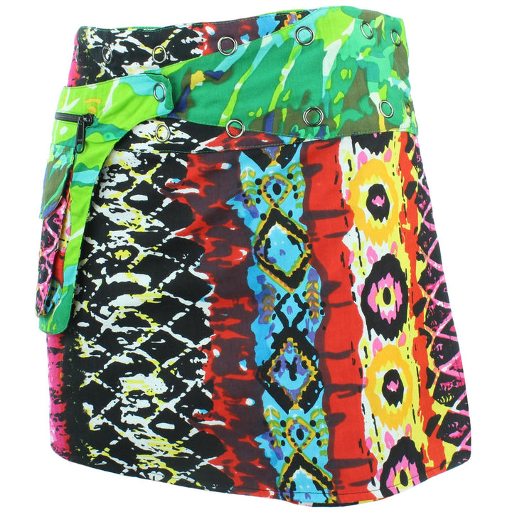 Reversible Popper Wrap Mini Skirt - Psychedelic Snakeskin / Camo Leaf