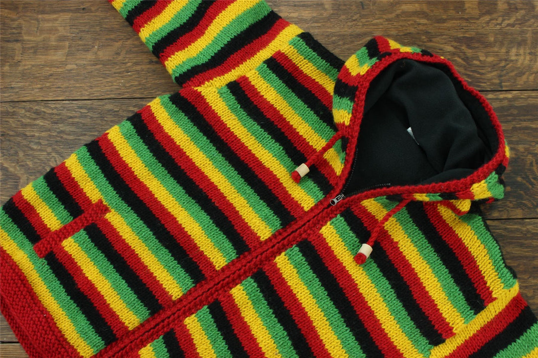 Hand Knitted Wool Hooded Jacket Cardigan - Stripe Rasta