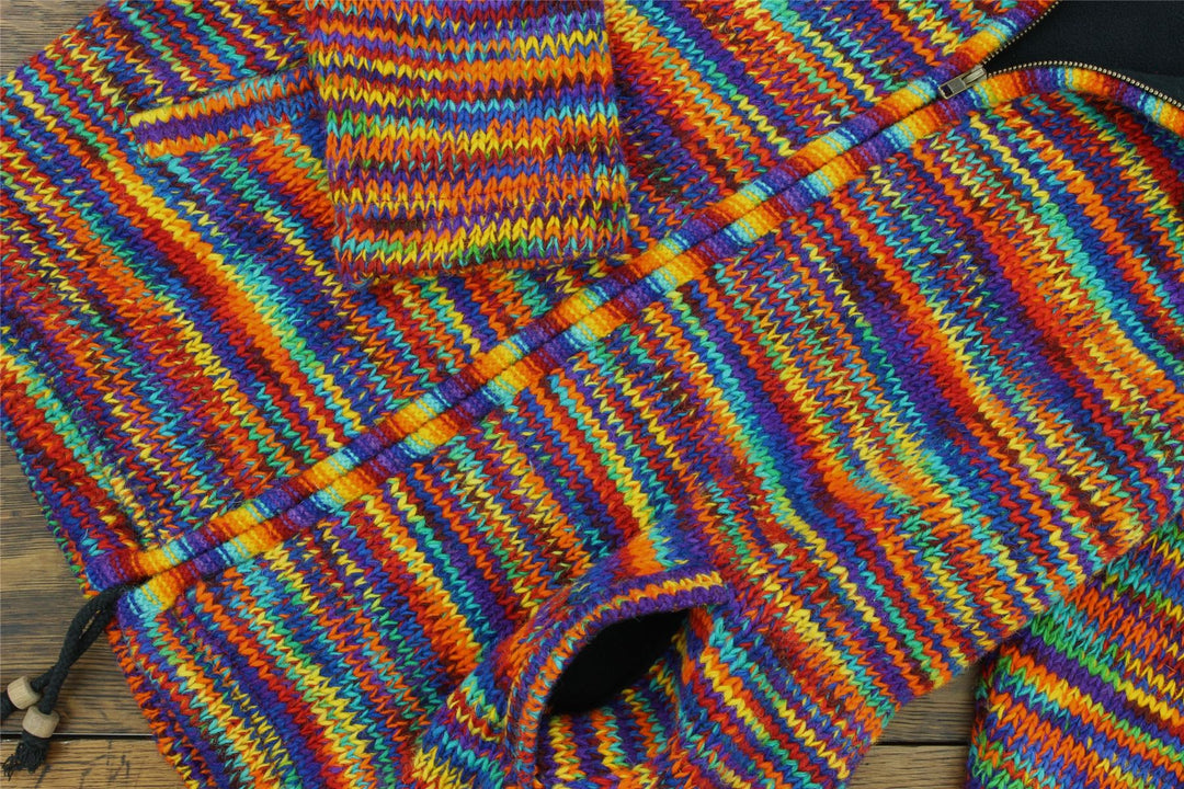 Hand Knitted Wool Hooded Jacket Cardigan - SD Rainbow with Rainbow Trim