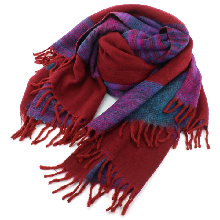 Tibetan Wool Blend Shawl Blanket - Red with Purple Reverse