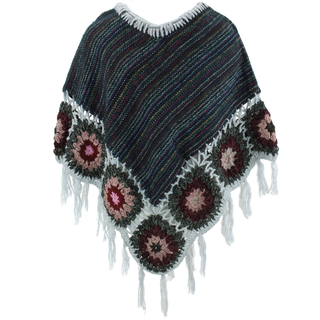 Granny Squares Crochet Poncho Short - Blue/Grey