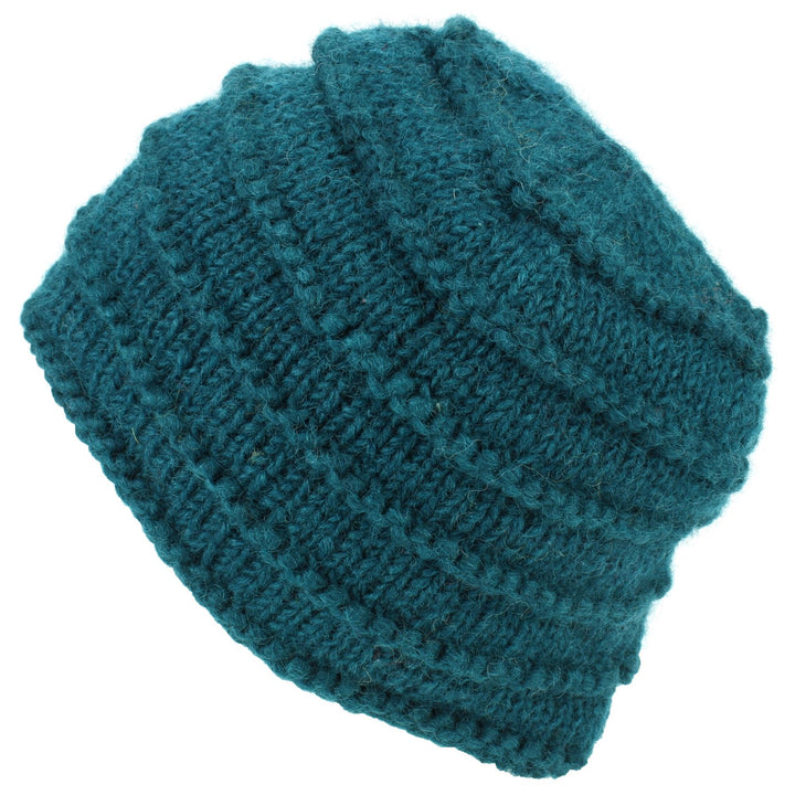 Chunky Ribbed Wool Knit Beanie Hat with Space Dye Design - Teal