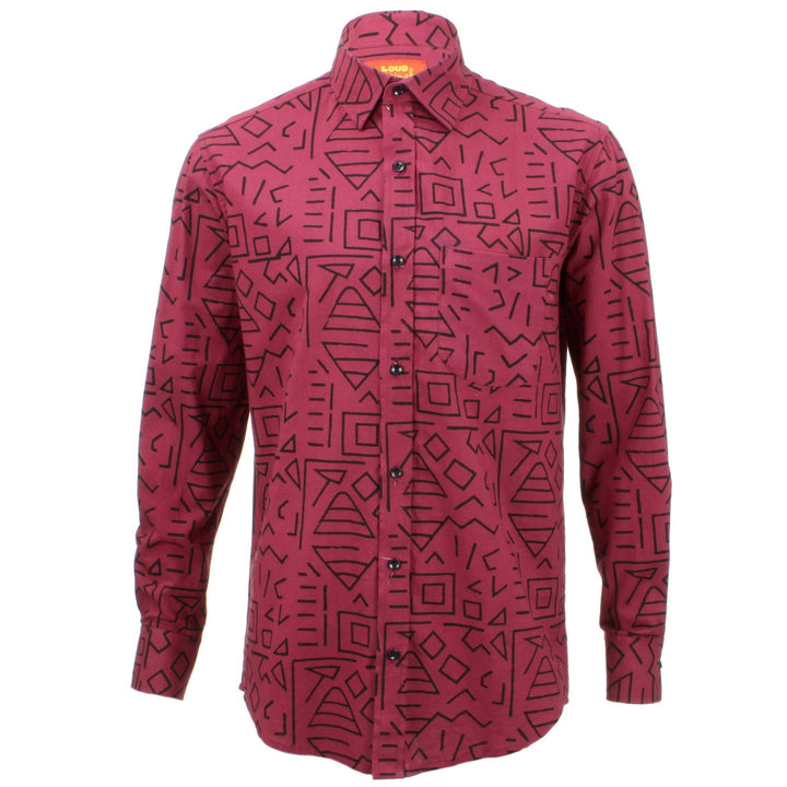 Regular Fit Long Sleeve Shirt - Wine Red with Black Abstract Shapes