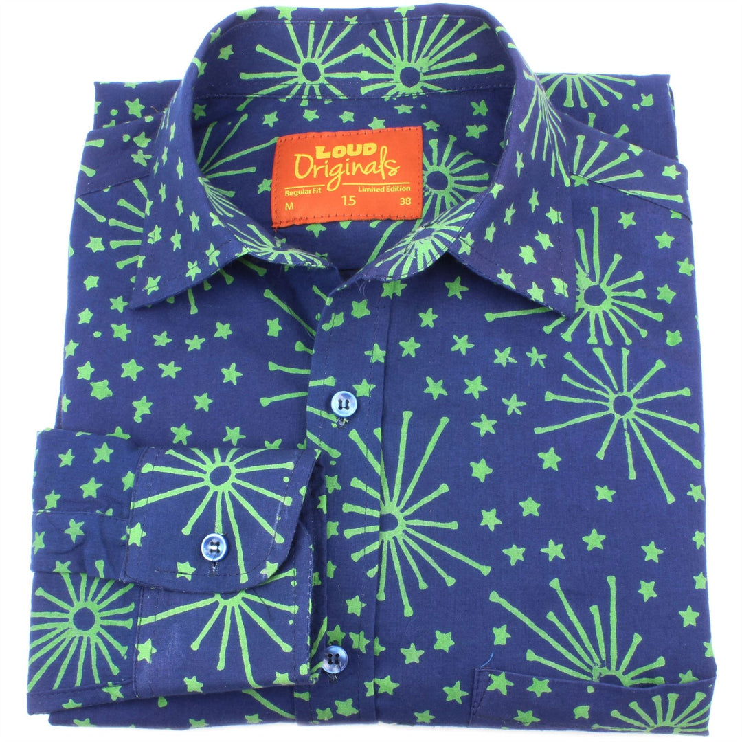 Regular Fit Long Sleeve Shirt - Blue with Green Stars & Fireworks