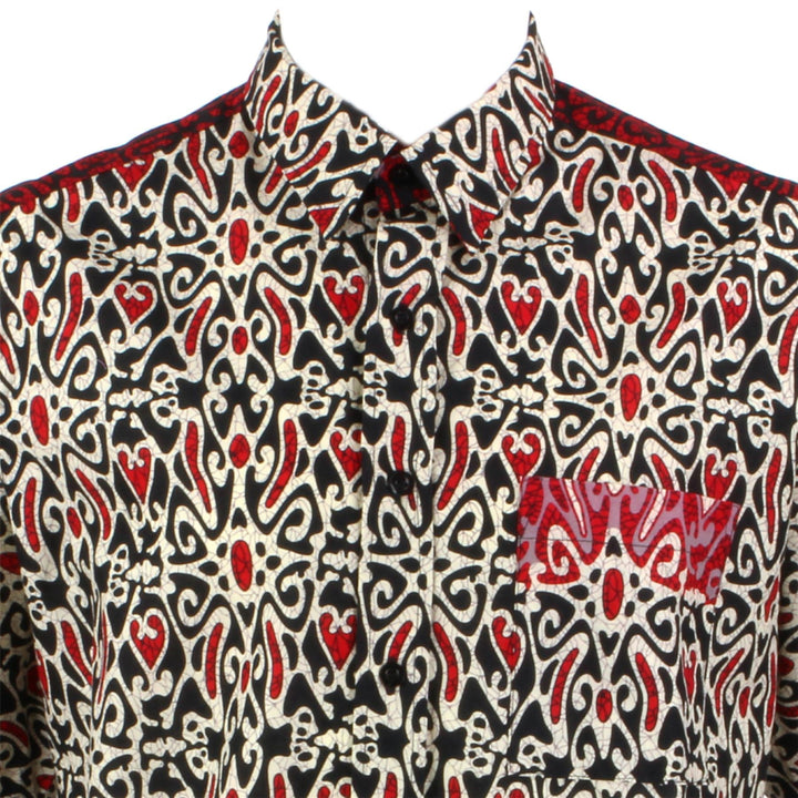 Regular Fit Short Sleeve Shirt - Black Beige & Red Abstract