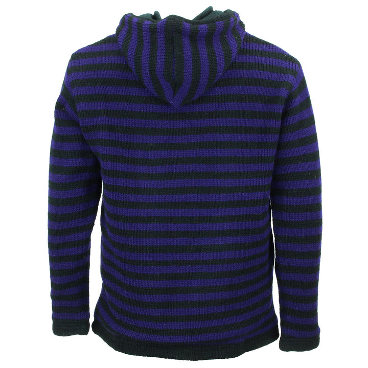 Hand Knitted Wool Hooded Jacket Cardigan - Stripe Purple Black