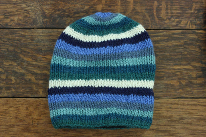 Hand Knitted Baggy Slouch Beanie Hat - Stripe Blue