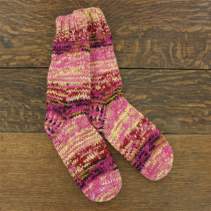 Hand Knitted Wool Slipper Socks Lined - SD Pink Yellow