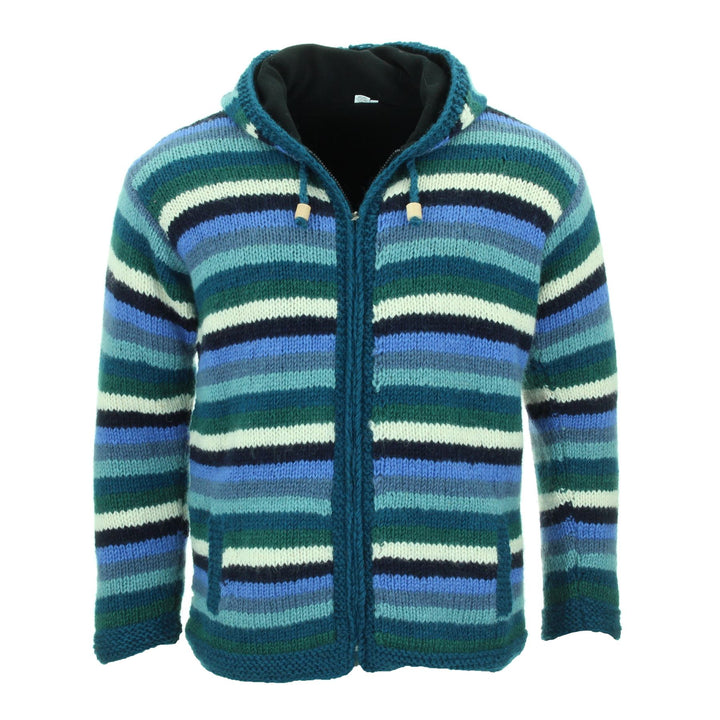 Hand Knitted Wool Hooded Jacket Cardigan - Stripe Blue