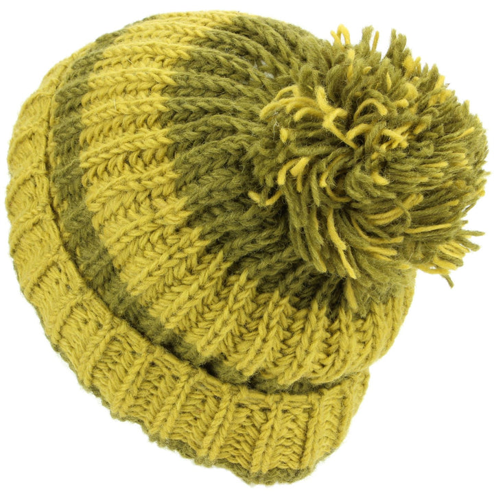 Chunky Wool Knit Baggy Slouch Striped Beanie Bobble Hat - Green