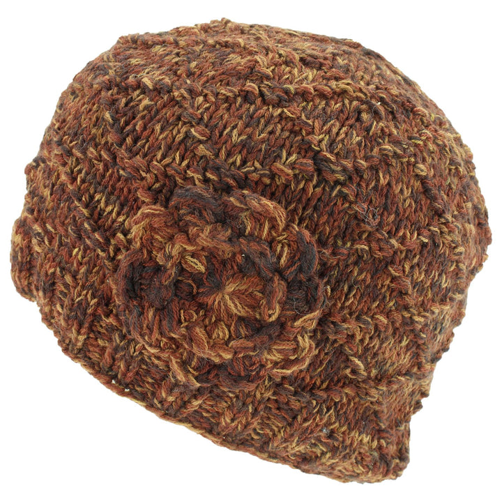 Acrylic Knit Flower Beanie Hat - Brown