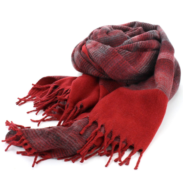 Tibetan Wool Blend Shawl Blanket - Red with Maroon & Grey Reverse