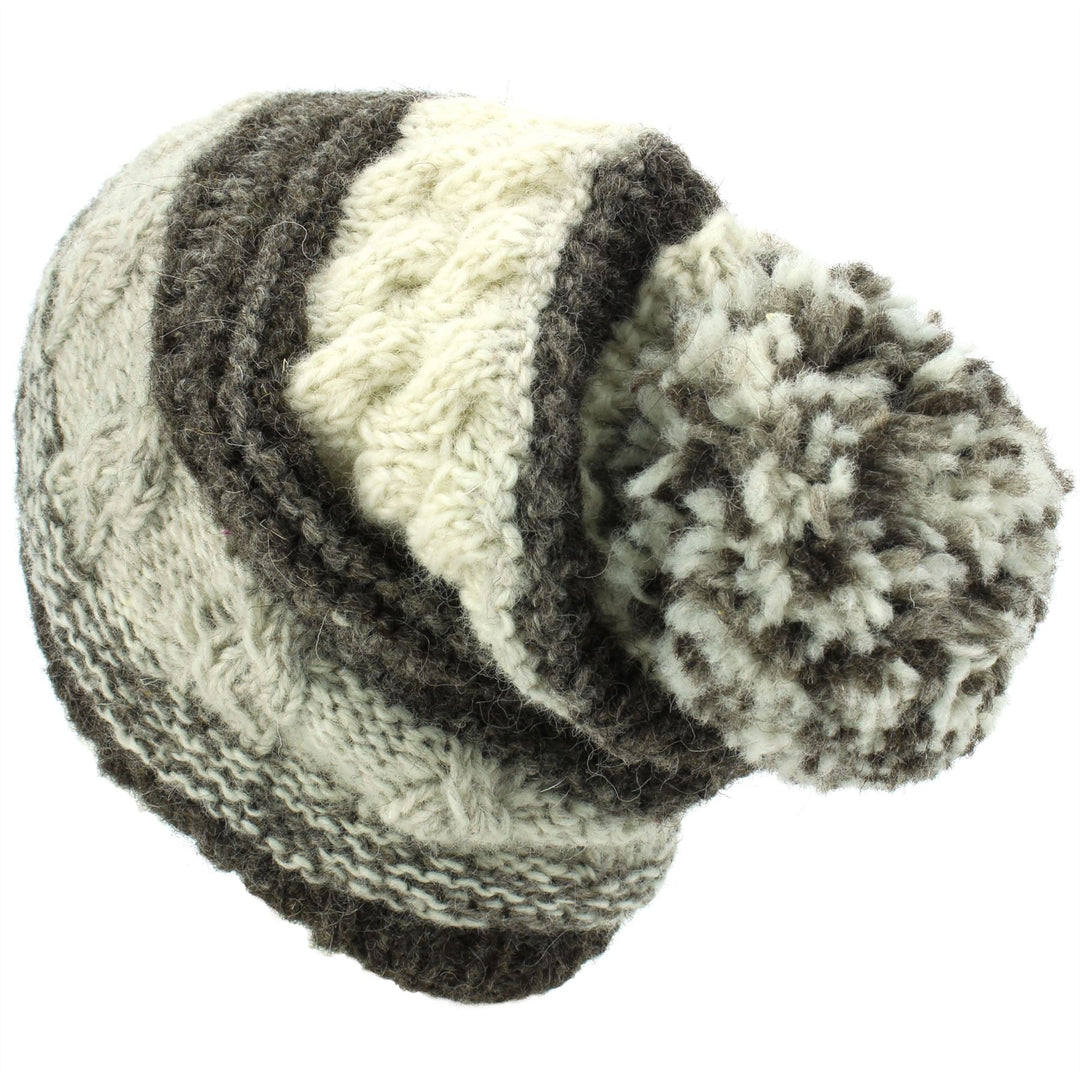 Wool Knit Bobble Beanie Hat - Stripe Natural