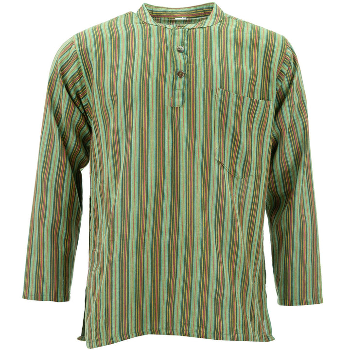 Cotton Grandad Collar Shirt - Green Stripe