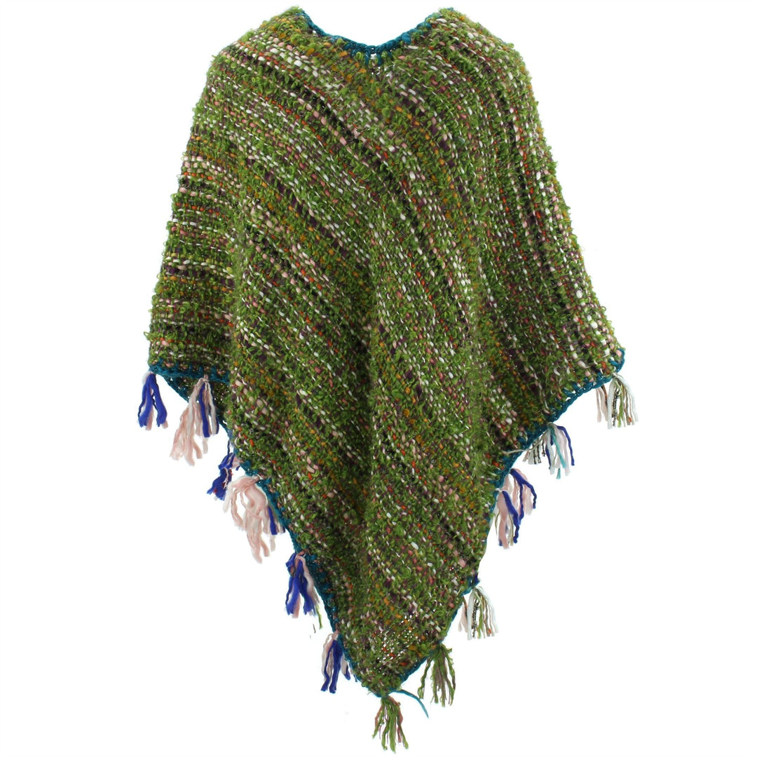 Stripe Crochet Poncho Long - Olive Green