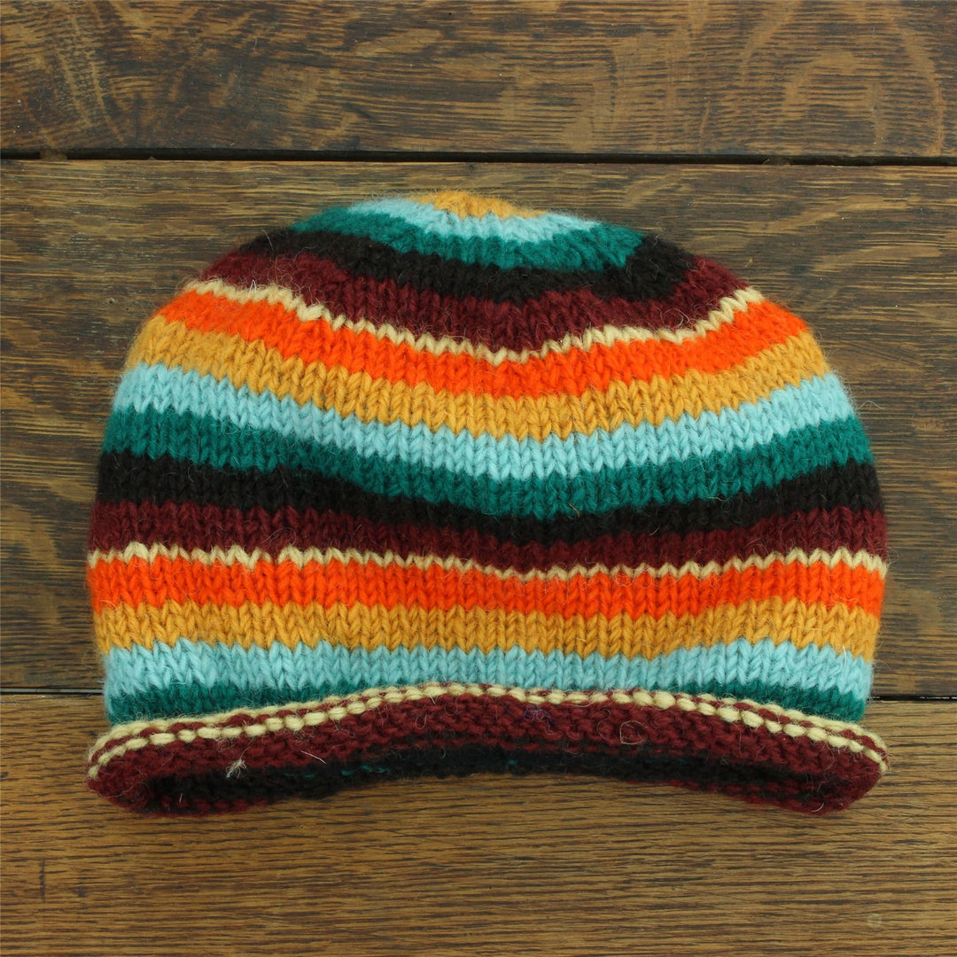 Hand Knitted Wool Beanie Hat - Stripe Retro D