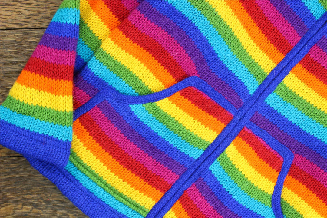 Hand Knitted Wool Hooded Jacket Cardigan - Stripe Bright Rainbow