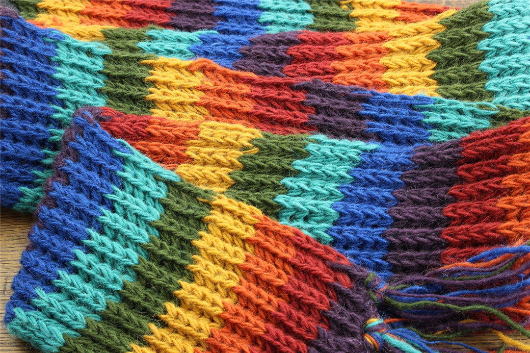 Hand Knitted Wool Scarf - Stripe Dark Rainbow