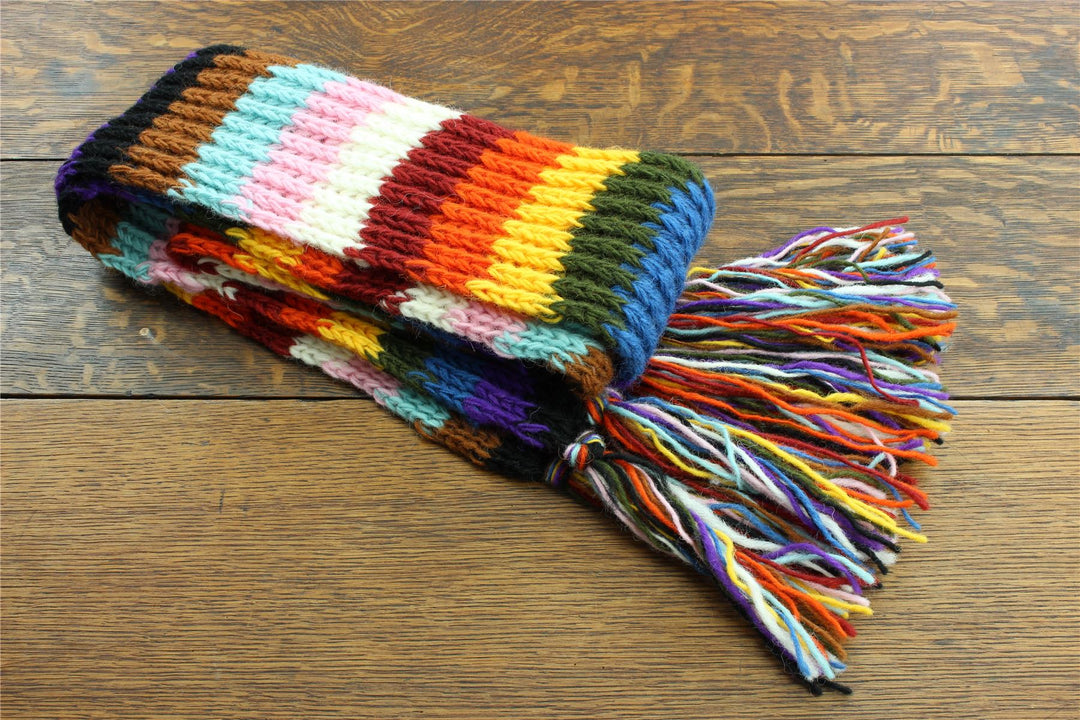 Hand Knitted Wool Scarf - Stripe Progress Rainbow