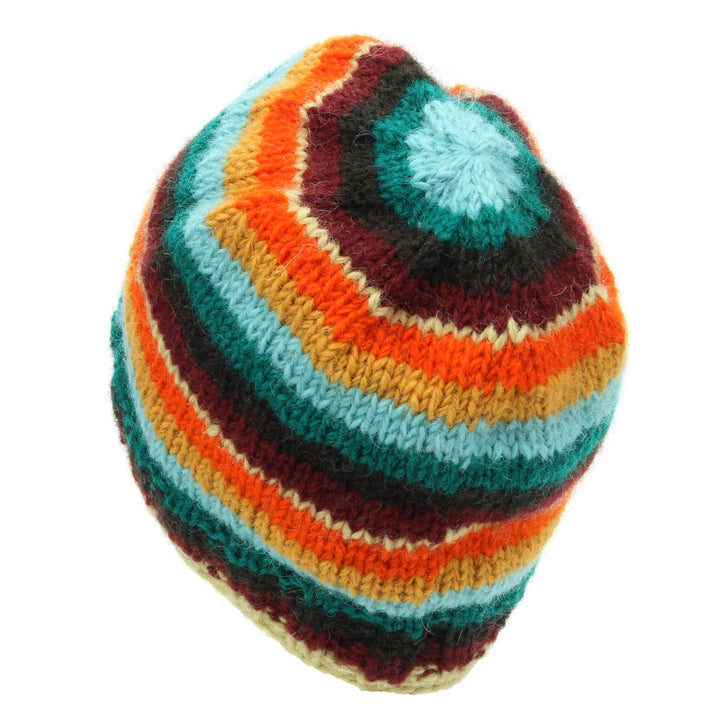 Hand Knitted Wool Beanie Hat - Stripe Retro D