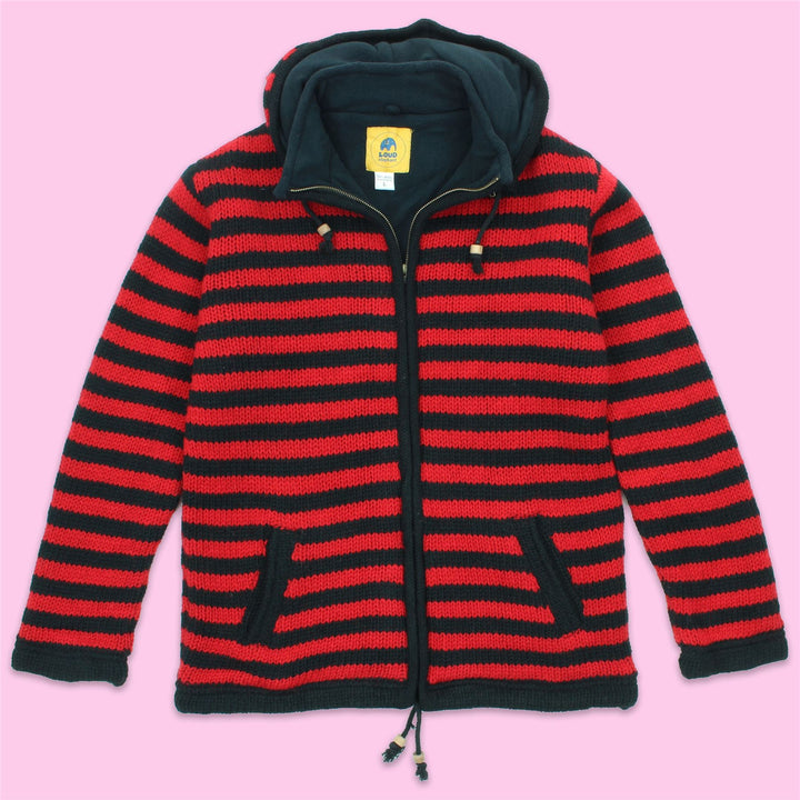 Hand Knitted Wool Hooded Jacket Cardigan - Stripe Red Black