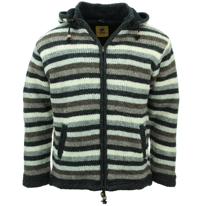 Hand Knitted Wool Hooded Jacket Cardigan - Stripe Natural