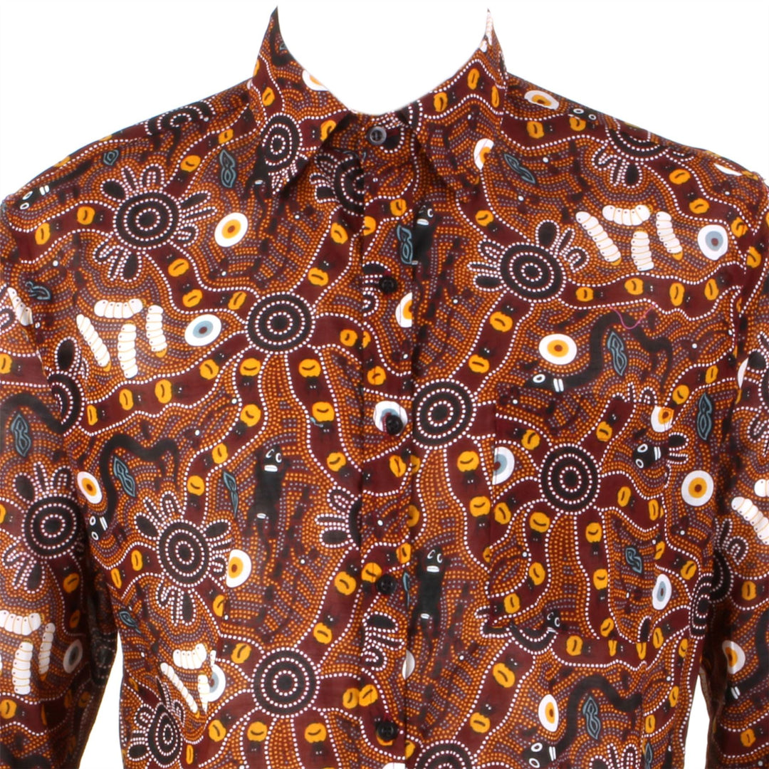 Regular Fit Long Sleeve Shirt - Red & Brown Abstract Australian