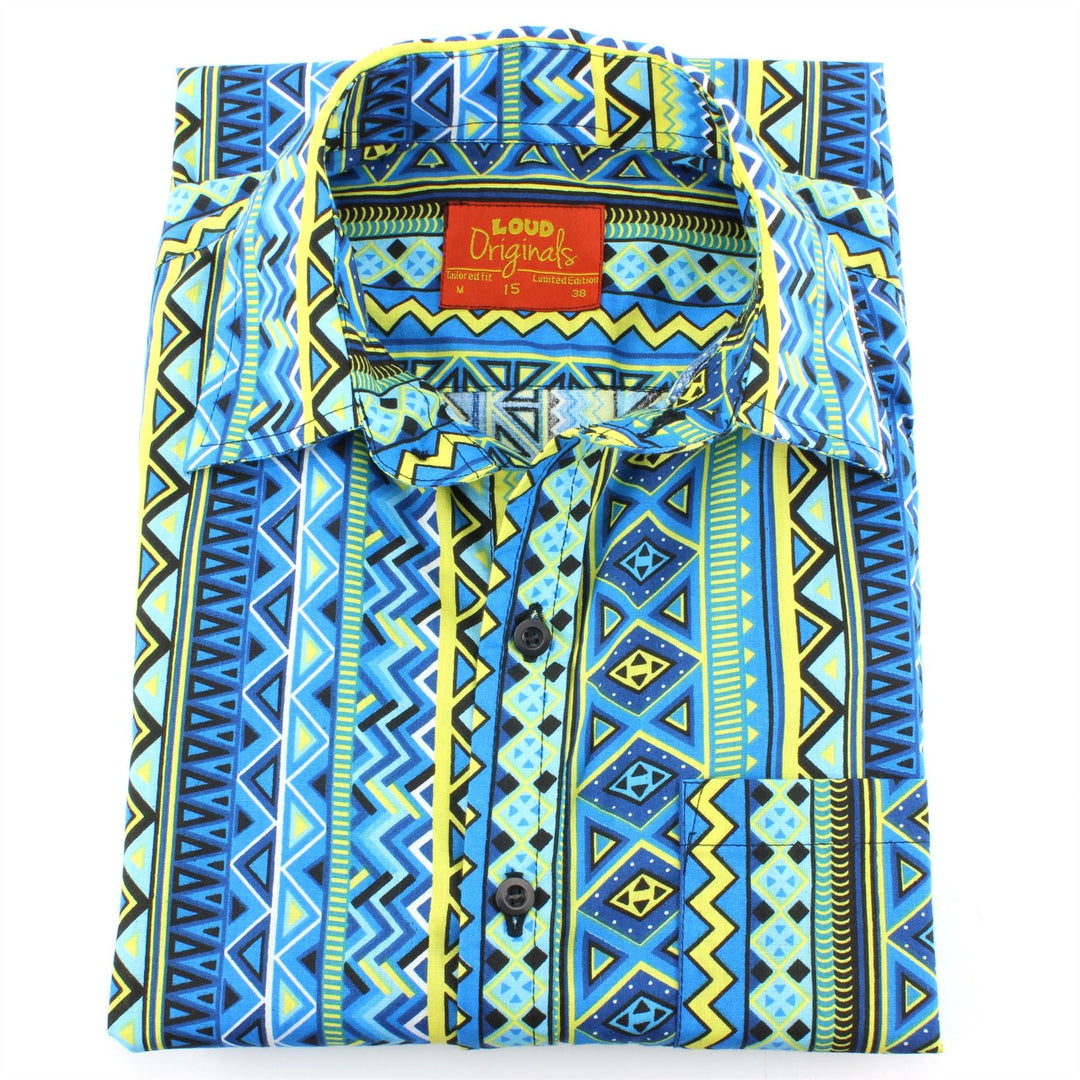 Tailored Fit Short Sleeve Shirt - Blue Aztec