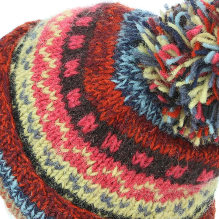 Chunky Wool Knit Abstract Pattern Beanie Bobble Hat - 17 Red