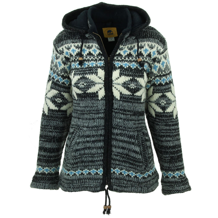 Hand Knitted Wool Hooded Jacket Cardigan Ladies Cut - Fairisle Grey