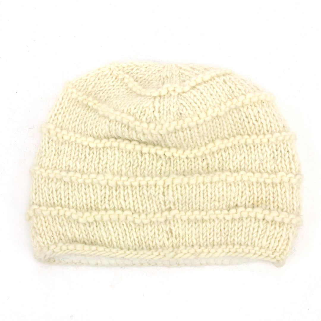 Hand Knitted Wool Beanie Hat - Plain Cream