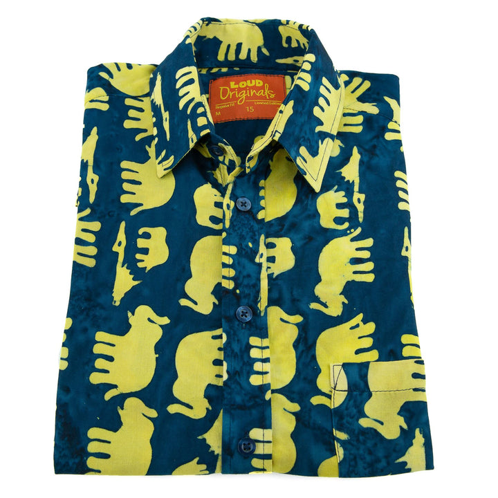 Regular Fit Short Sleeve Shirt - Herd of Elephants - Blue