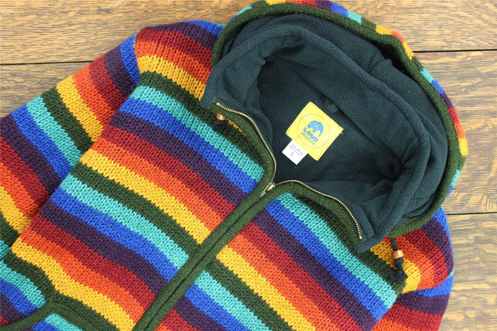 Hand Knitted Wool Hooded Jacket Cardigan - Stripe Dark Rainbow