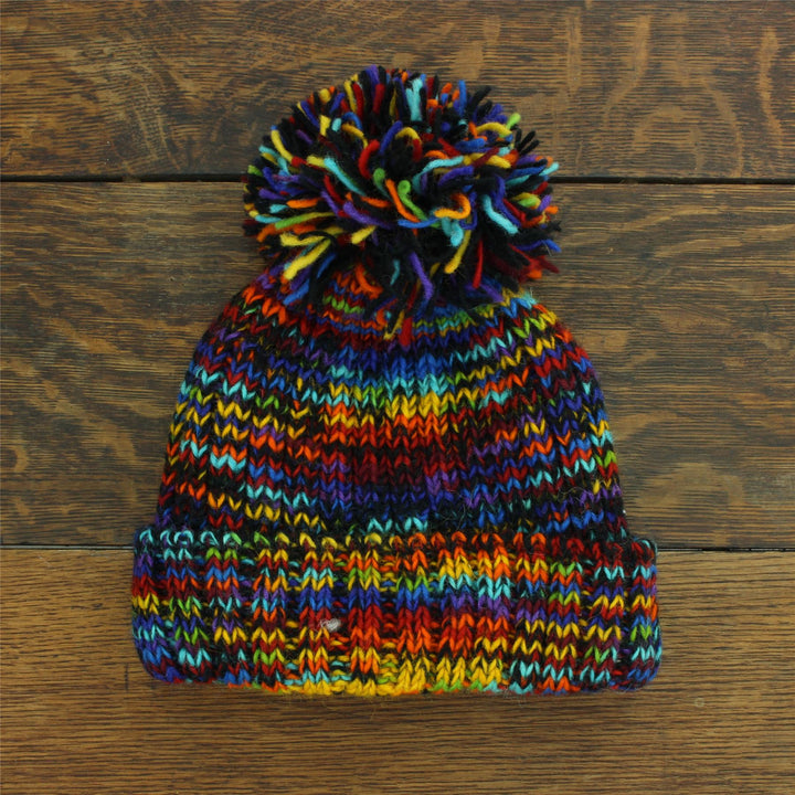 Hand Knitted Wool Beanie Bobble Hat - SD Black Rainbow