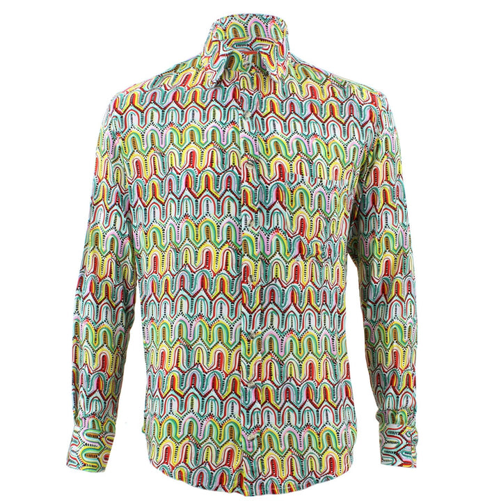 Tailored Fit Long Sleeve Shirt - Green Yellow & Pink Abstract